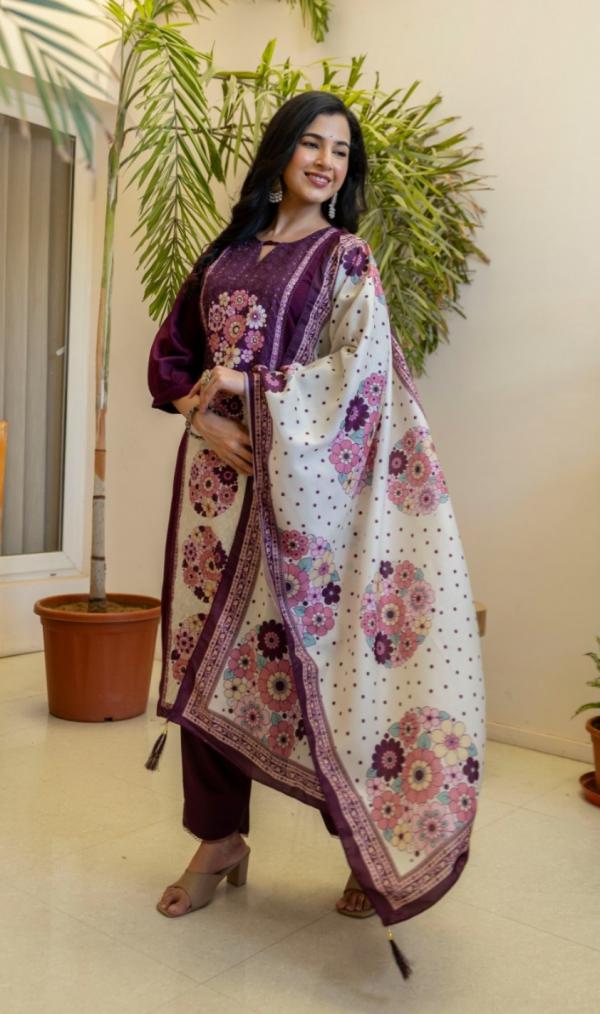 VP 9910 P Women’s Printed Shifli Work Straight Kurta Pent Dupatta Sets | 3pcs Ethnic Set
